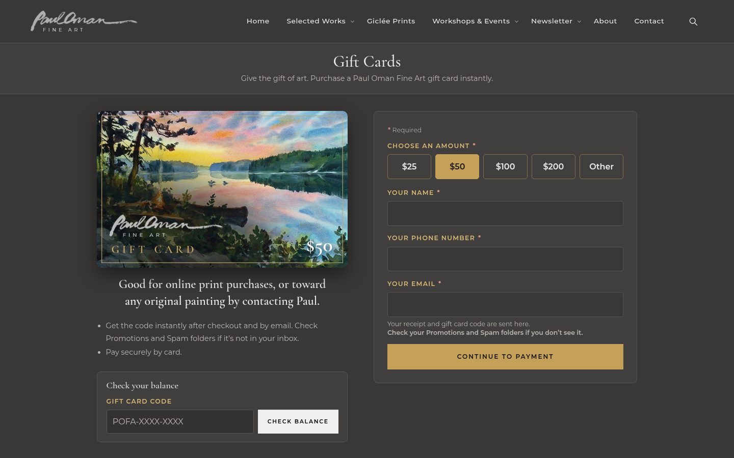 Gift card page